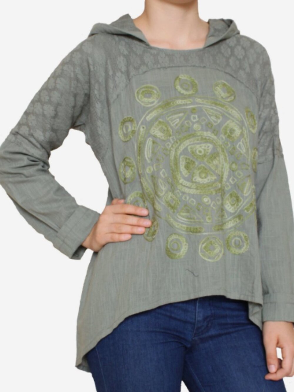 Sacred Threads Dusty Green Cotton Hoodie Embroidered Boho Hippie Granola Girl XL